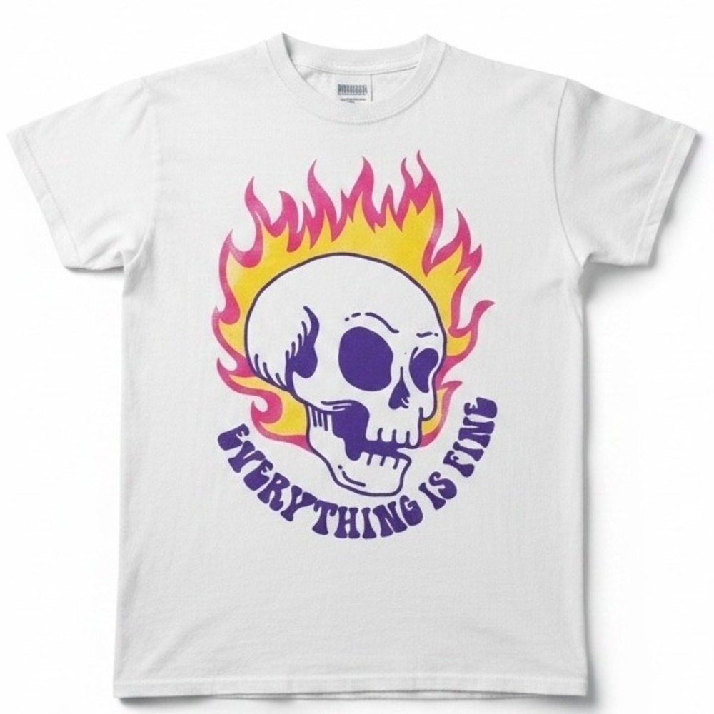 Brisco Brands Mens T-Shirt Small Skull Everything‎ Is Fine Graphic Tee White